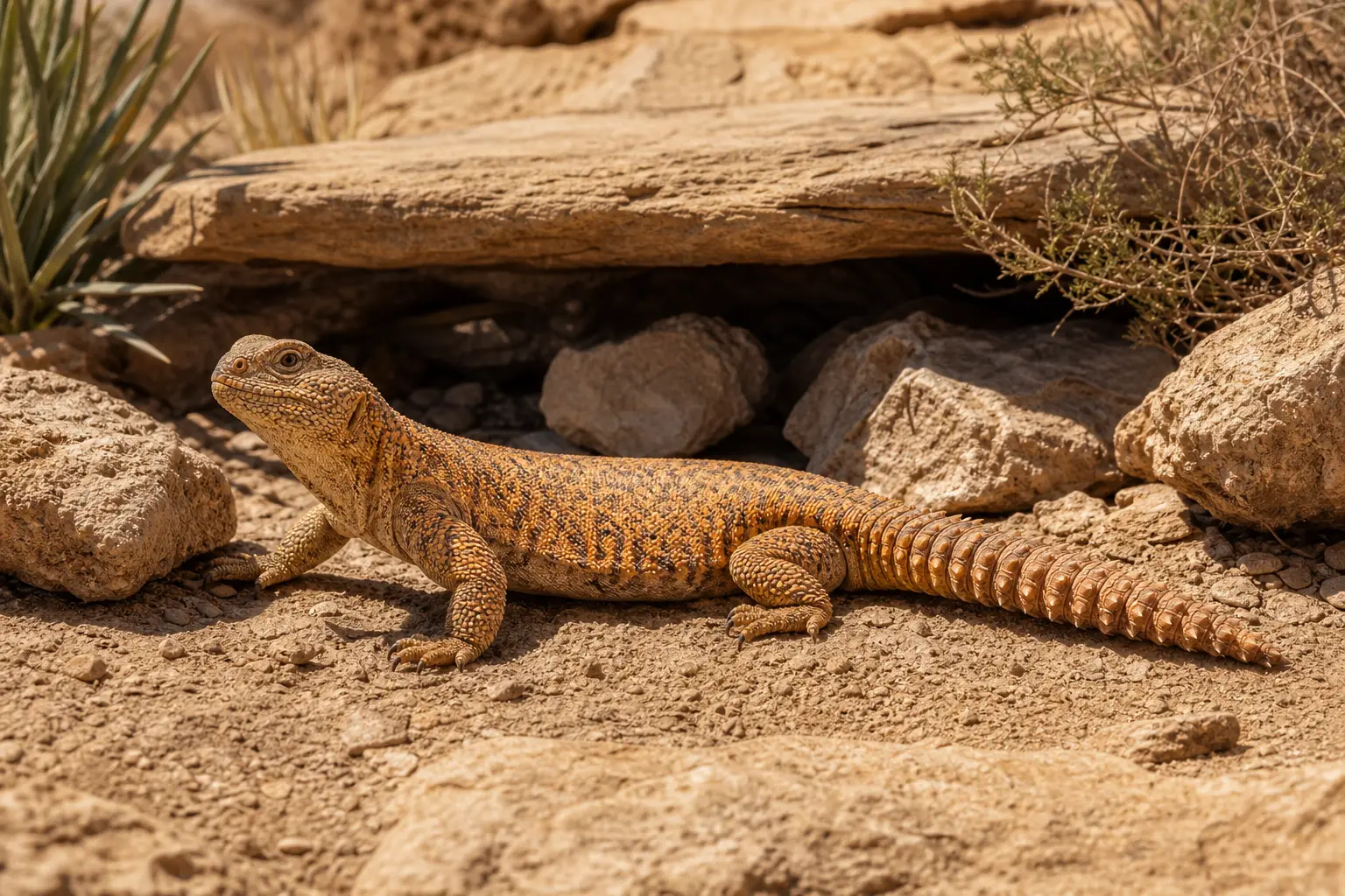 Alert adult Moroccan uromastyx exploring a spacious dry rocky habitat with its broad head, sturdy orange-tan body, and complete armored spiny tail in view.