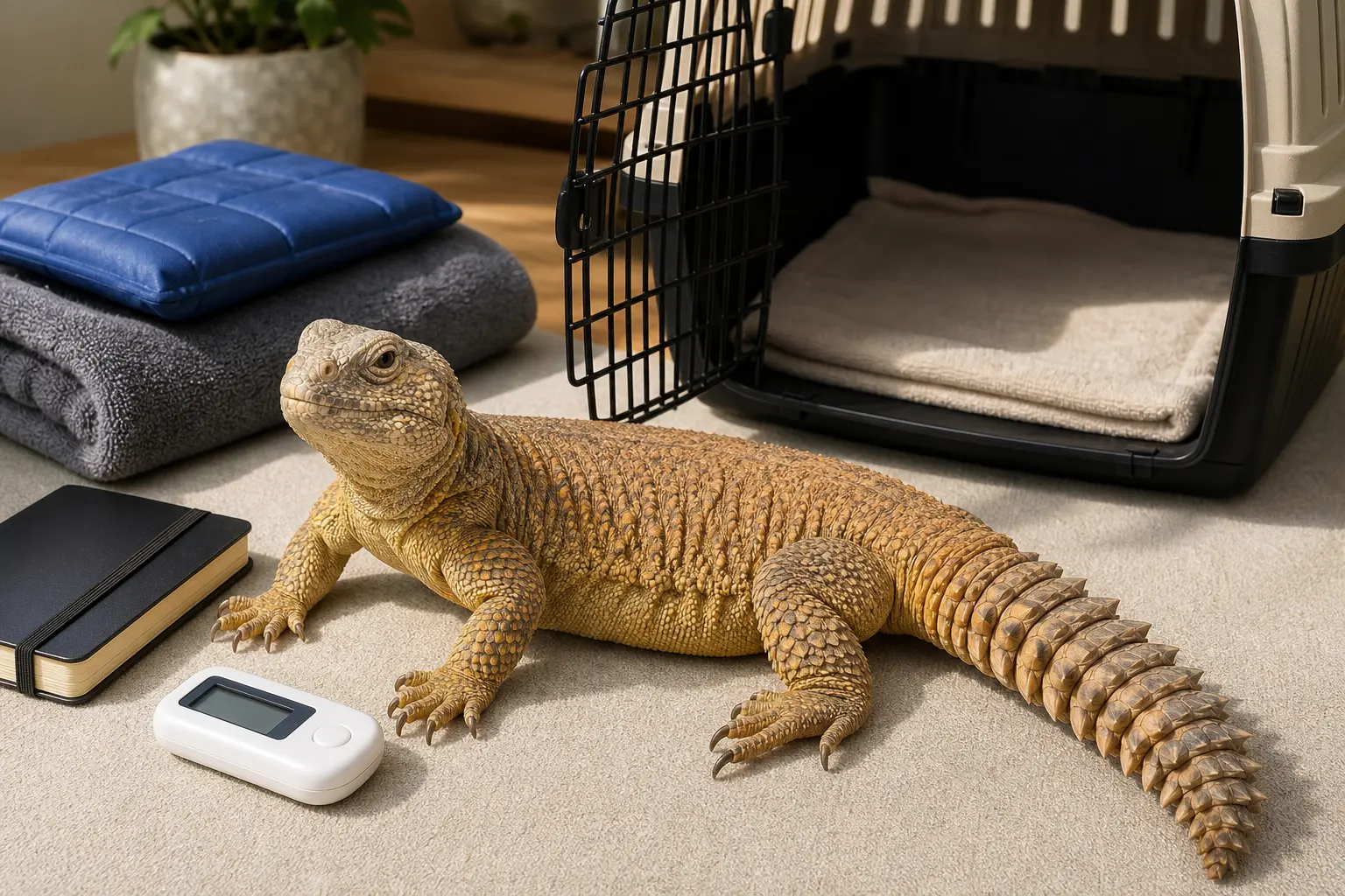 Healthy adult Moroccan uromastyx beside a secure ventilated carrier, clean towel, digital thermometer, blank care notebook, and safely buffered temperature pack.