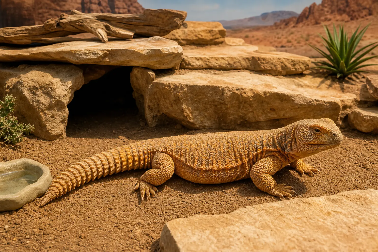 Adult Moroccan uromastyx in a spacious dry floor enclosure with anchored rocks, a secure hide, deep diggable substrate, shade, and fresh shallow water.