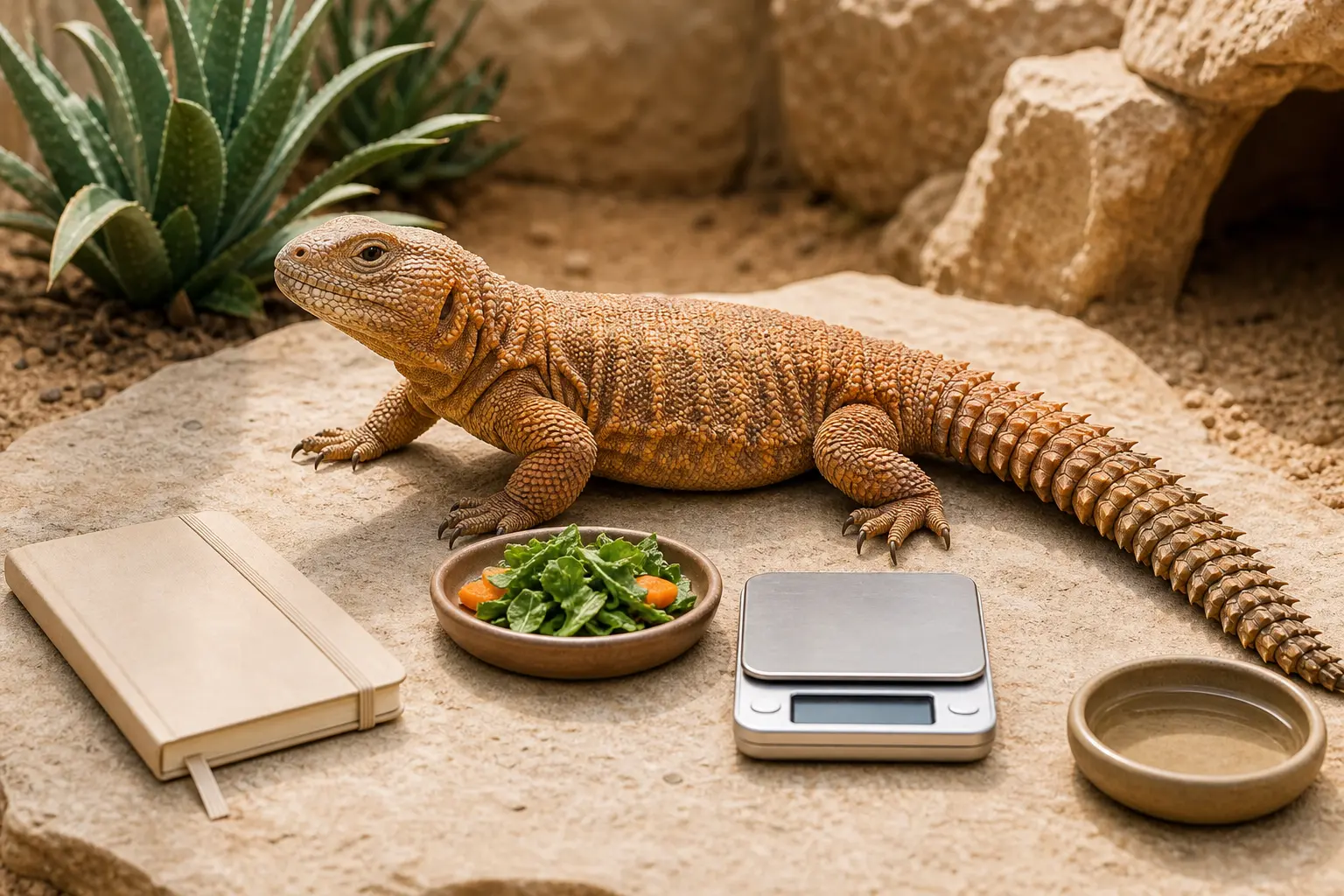 Adult Moroccan uromastyx beside a measured daytime plant meal, a gram scale, and a closed care notebook.
