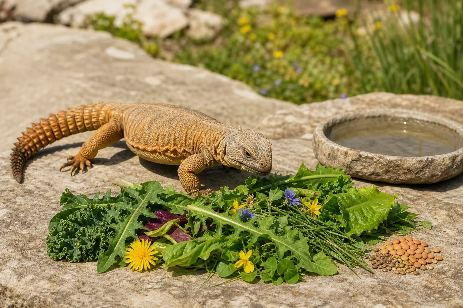 Adult Moroccan uromastyx approaching a varied plant meal of safe leafy greens, edible flowers, and a modest separate portion of lentils and seeds.