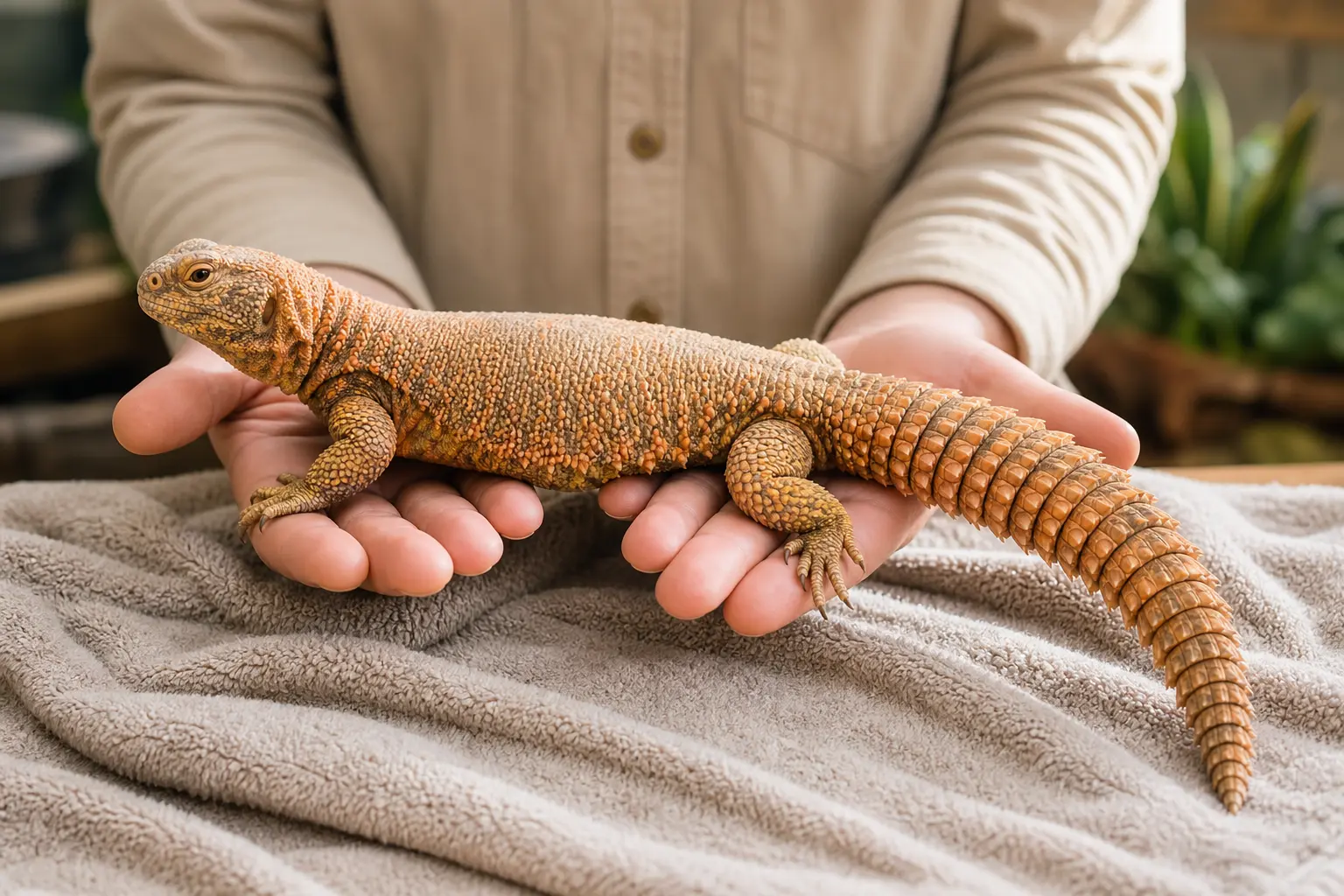 Adult Moroccan uromastyx held low over a towel with two hands supporting its body and legs while the armored tail remains completely free.