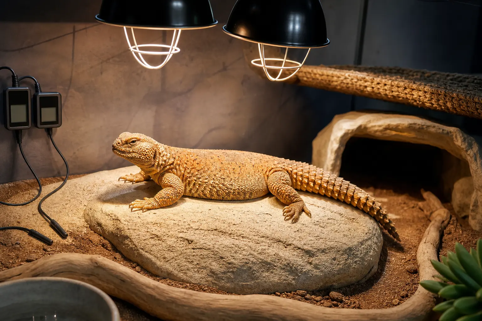 Adult Moroccan uromastyx basking on a broad stone beneath guarded overhead heat with fixed probes and a shaded cool retreat.