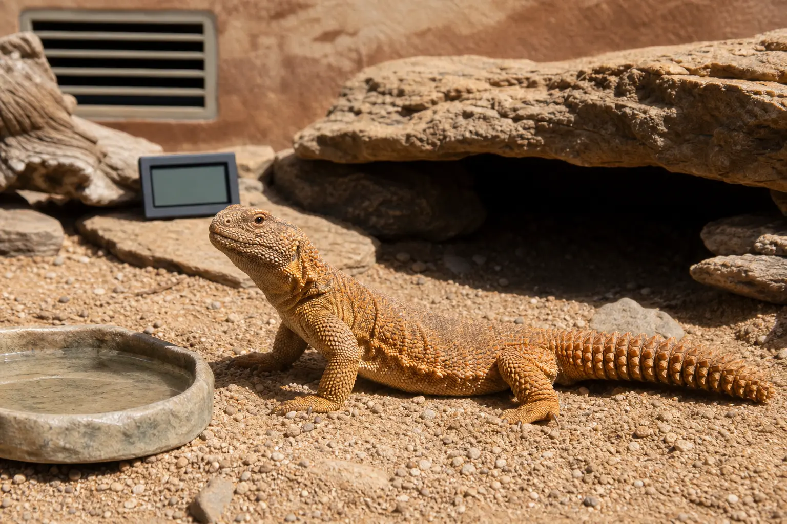 Adult Moroccan uromastyx in a dry ventilated habitat beside a shallow fresh water dish, clean substrate, and a blank hygrometer.