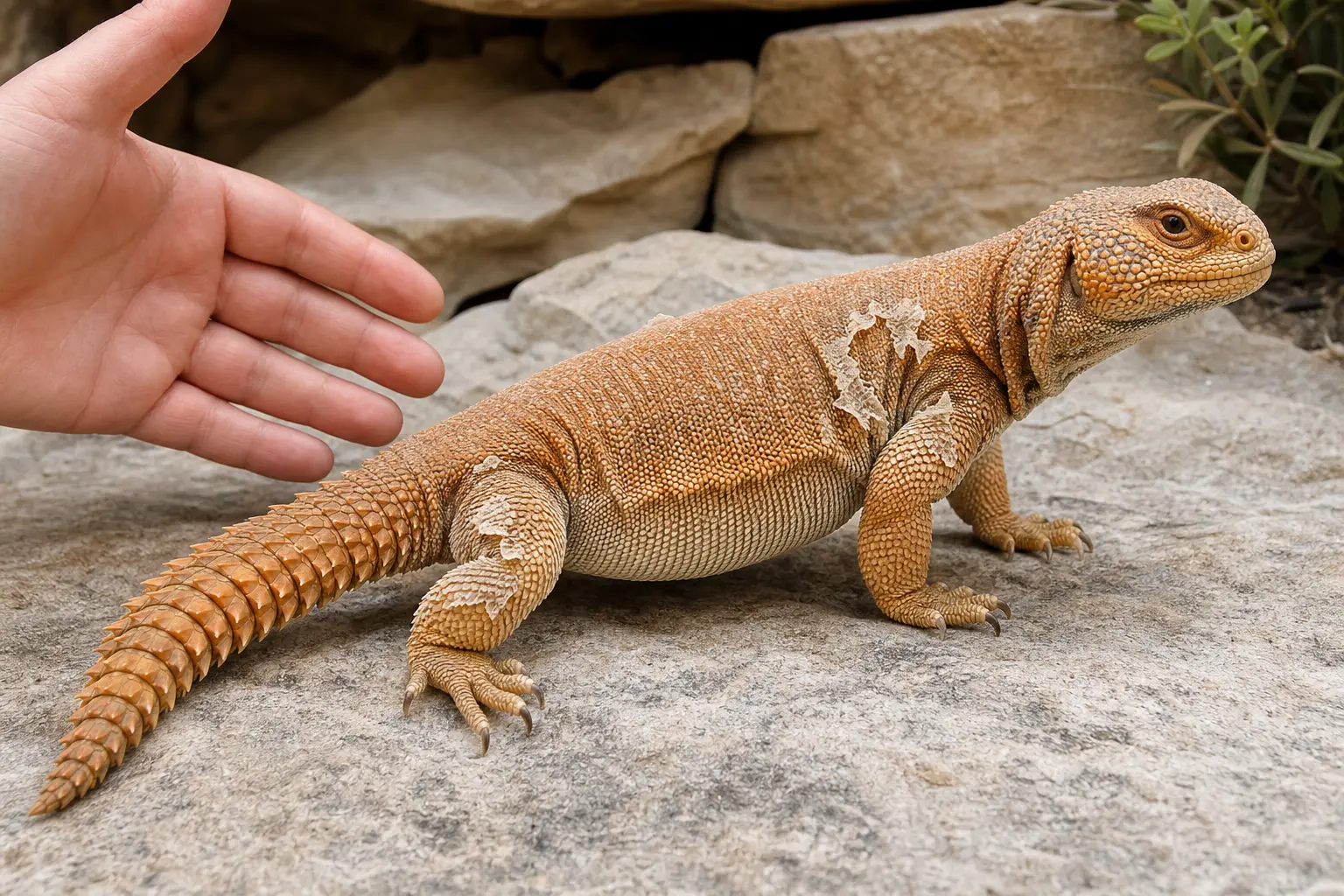 Adult Moroccan uromastyx during a normal patchy shed while a keeper visually checks the toes, limbs, and armored tail without pulling skin.