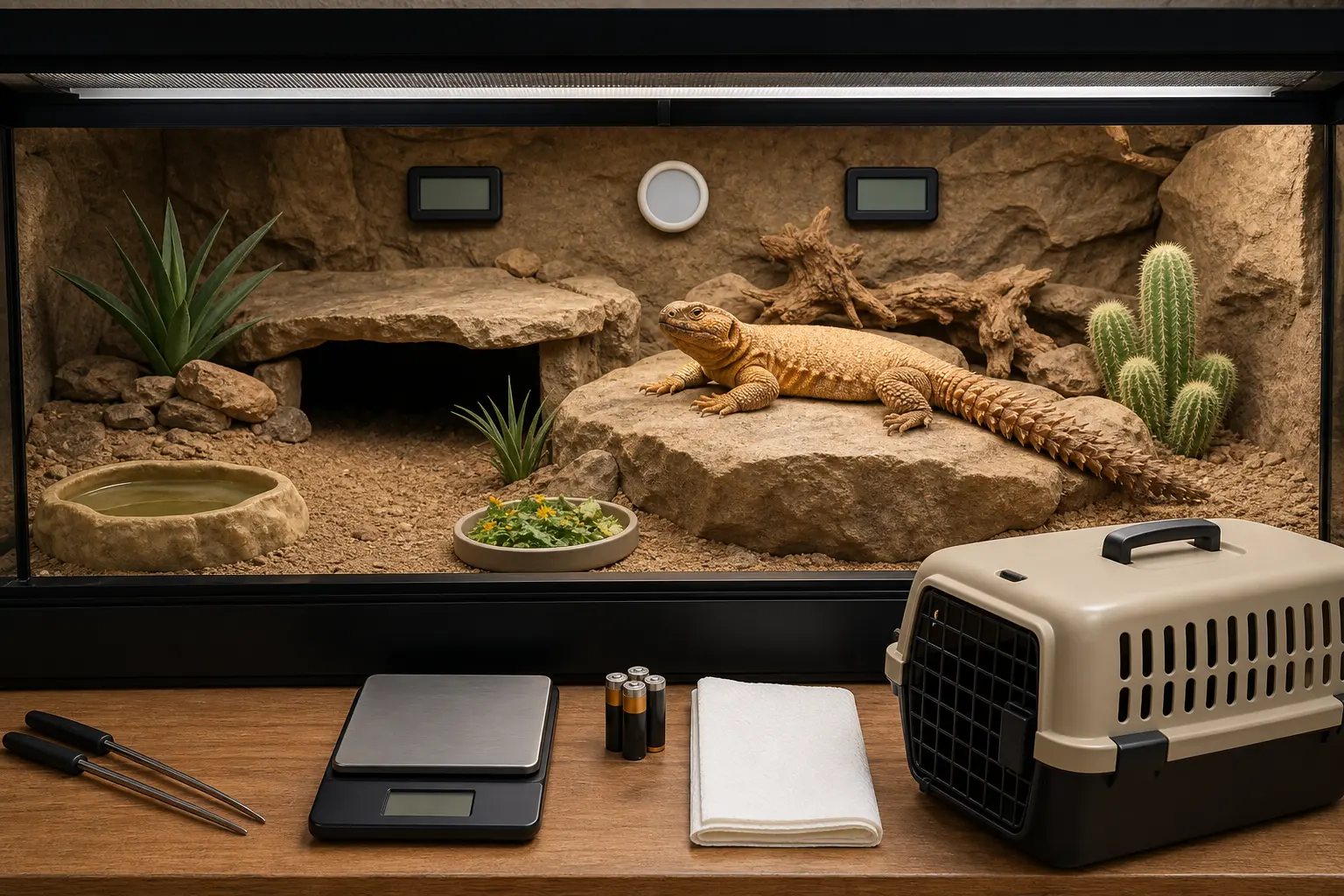 Adult Moroccan uromastyx in a finished dry habitat beside organized guarded lighting, climate controls, dishes, plant-food tools, a scale, and a ventilated carrier.