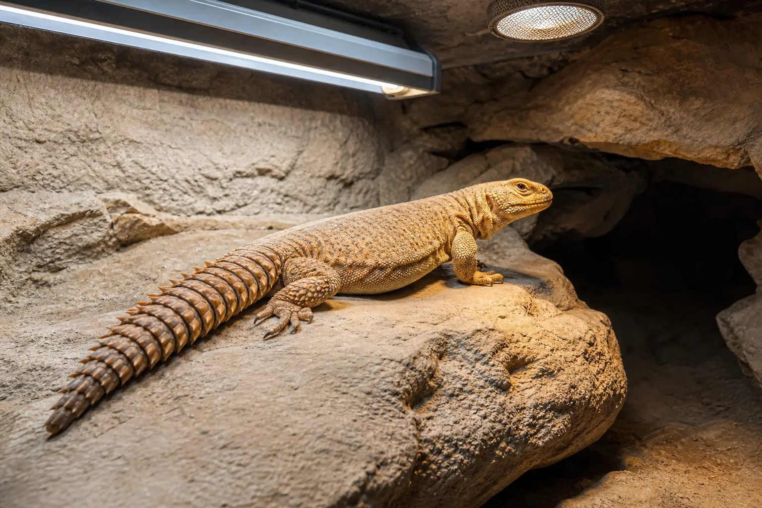 Adult Moroccan uromastyx using a broad basking platform beneath strong linear UVB and heat with complete shade immediately available.