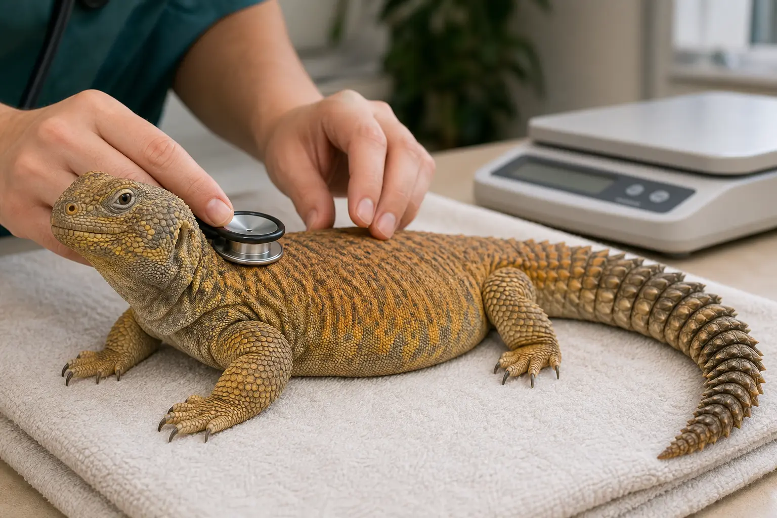 Healthy adult Moroccan uromastyx receiving a calm routine examination from a reptile veterinarian on a clean towel.