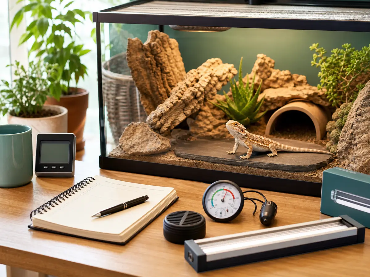 Reptile habitat planning setup with heat, lighting, humidity notes, and a secure enclosure.