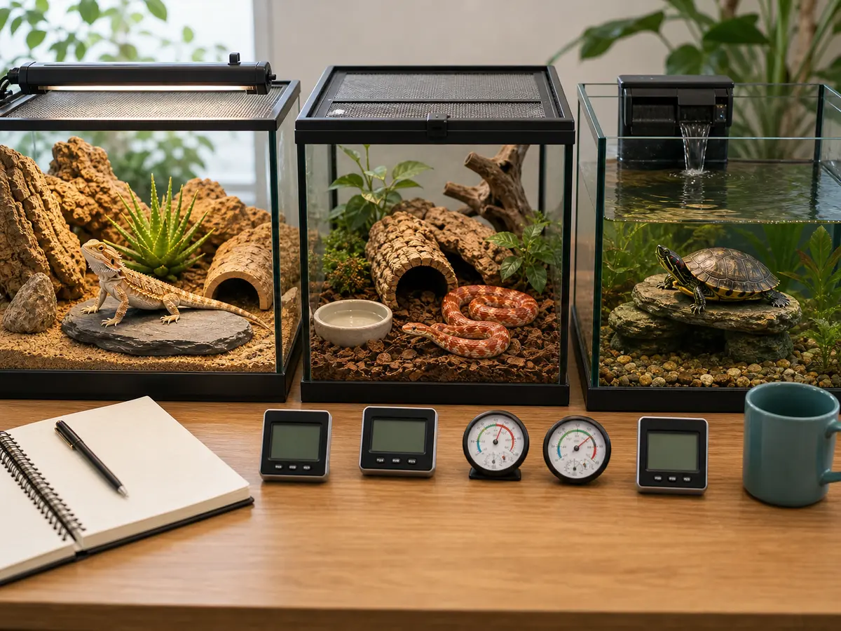 Separated reptile comparison habitats for a lizard, snake, and turtle.