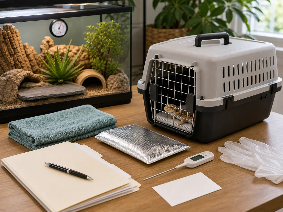 Reptile emergency kit with carrier, heat pack notes, towel, care records, and vet contact card.
