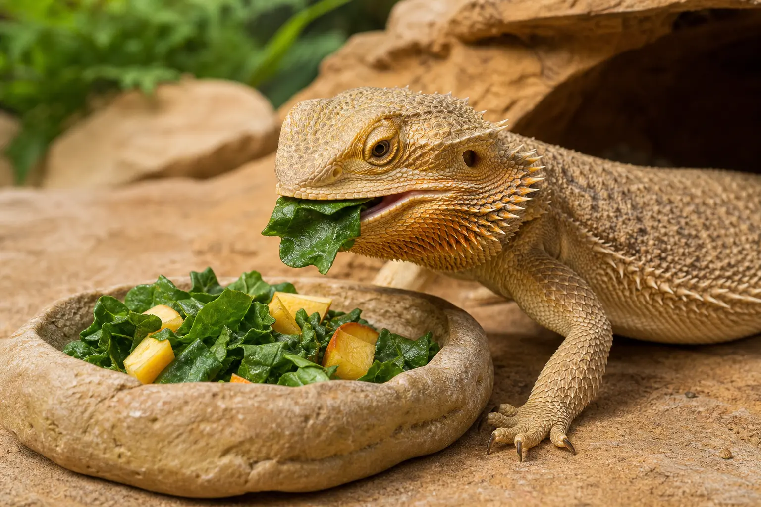 Adult bearded dragon eating fresh leafy greens from a stone dish in a warm, naturalistic habitat.