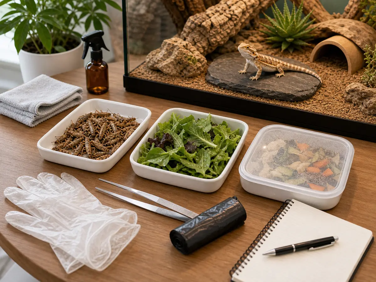 Reptile food safety check with separated insects, greens, prey notes, and clean feeding tools.
