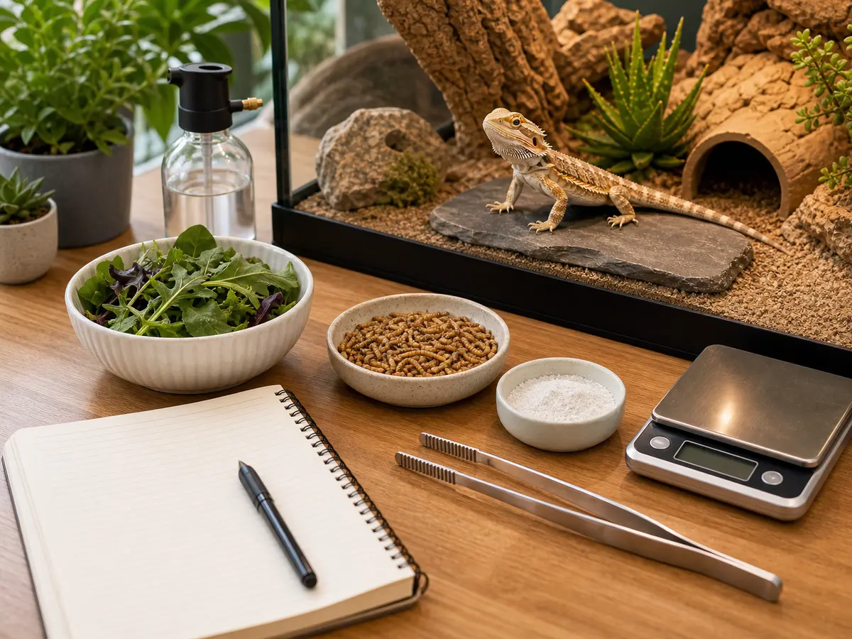 Reptile feeding setup with greens, feeder insects, feeding tongs, and calcium dish arranged separately.
