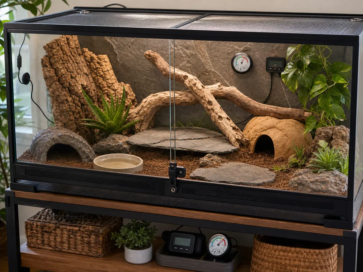 Reptile enclosure with secure lid, hides, substrate, water, climbing branches, and measuring tools.