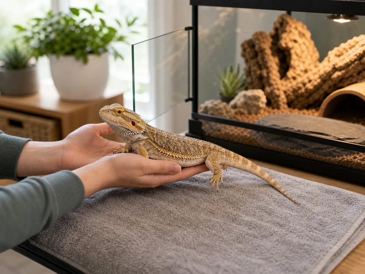 A calm reptile and keeper sharing a quiet observation and handling routine