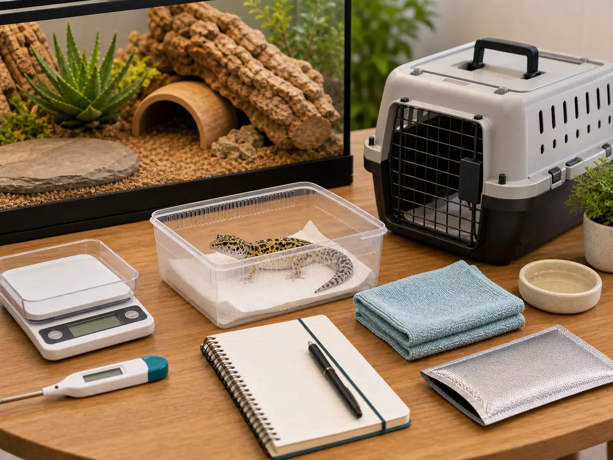 Reptile health watch setup with carrier, weight log, thermometer, and clean hide.