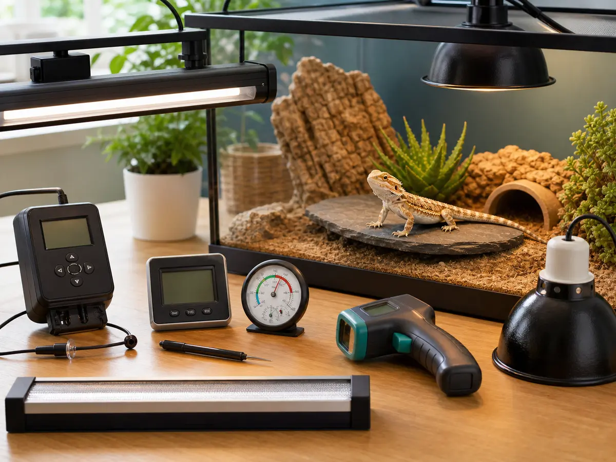 Terrarium heating and lighting setup with basking lamp, thermostat, thermometer, and UVB fixture.