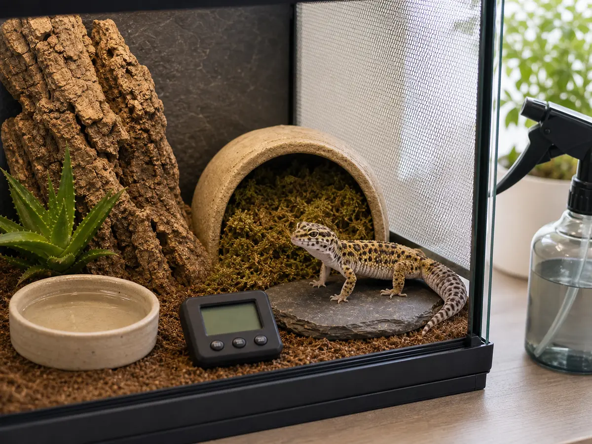 Humidity and shedding setup with hide, water dish, moss box, and digital hygrometer.
