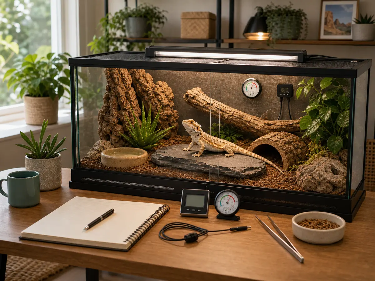 Bearded dragon in a clean terrarium with basking, hides, branches, and care tools.