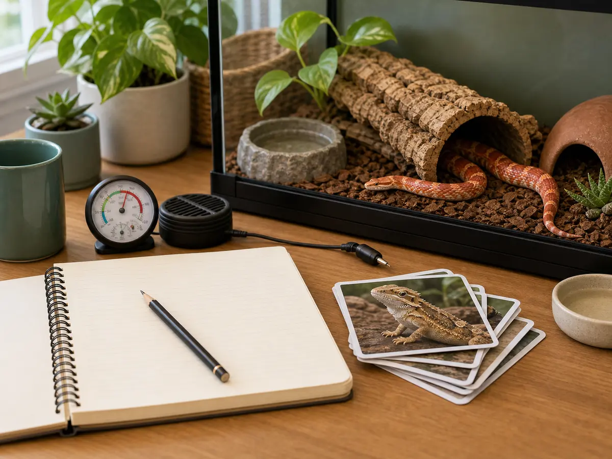 Reptile care question notebook beside a secure terrarium and measuring tools.