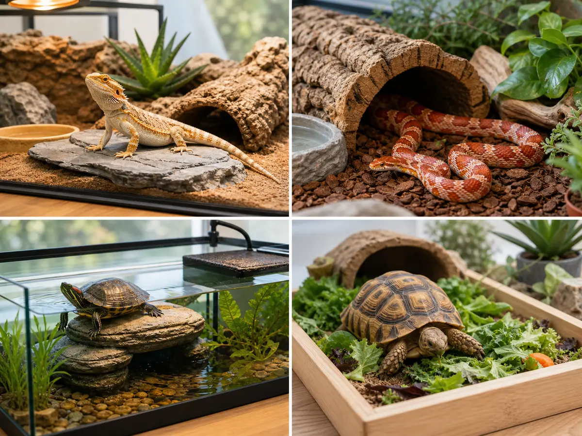 Companion reptile species guide with lizards, snakes, turtles, and tortoises shown in separate habitat scenes.