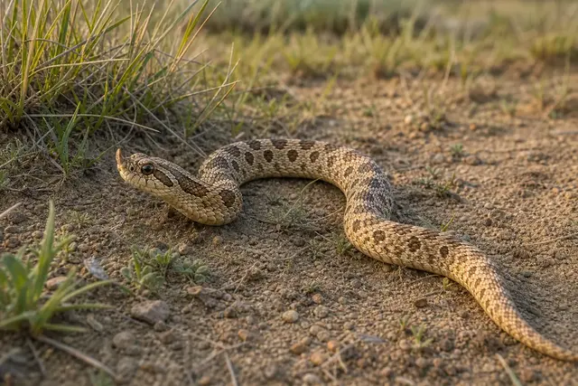 Adult western hognose snake exploring prairie soil, with its sandy blotches and upturned snout visible.