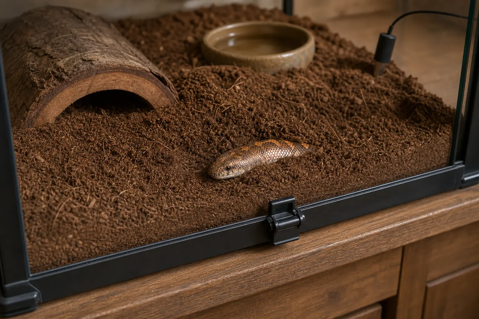 Kenyan sand boa partly emerging from deep burrowing substrate in a latched terrestrial enclosure.