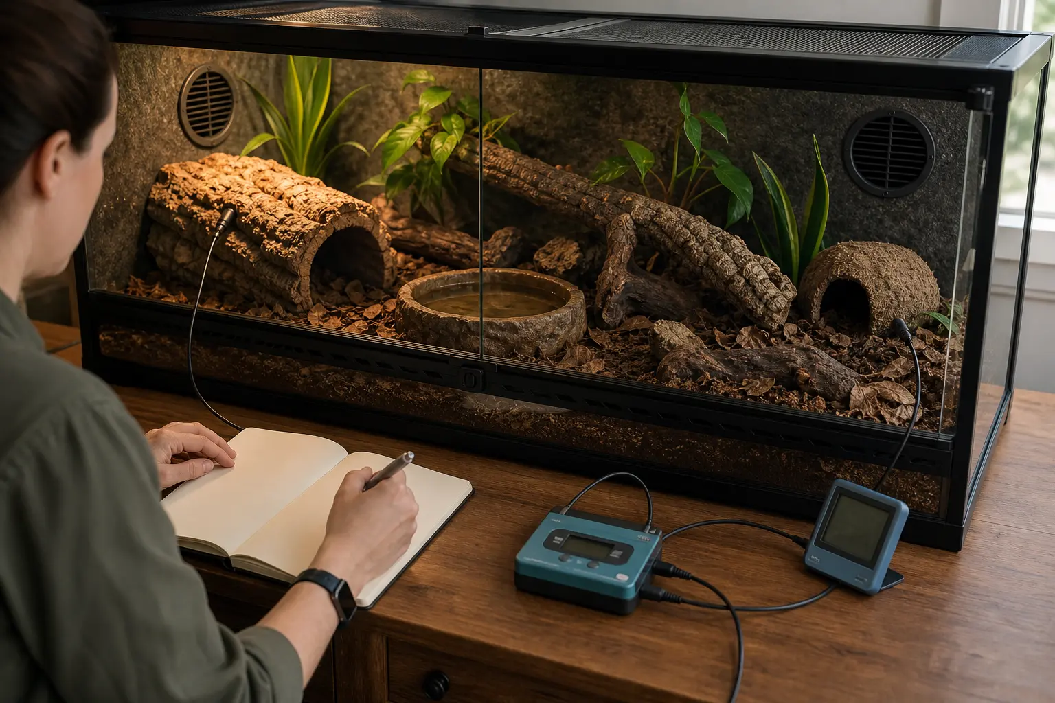 Empty snake enclosure being test-run with warm-side, cool-side, and humidity probes before adoption.