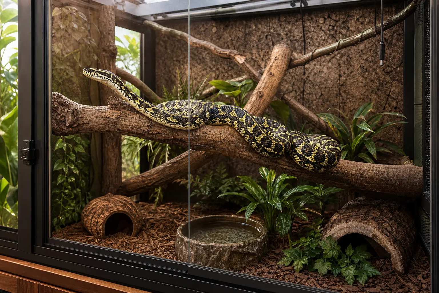 Jungle carpet python resting on a thick anchored branch in a tall, secure enclosure.