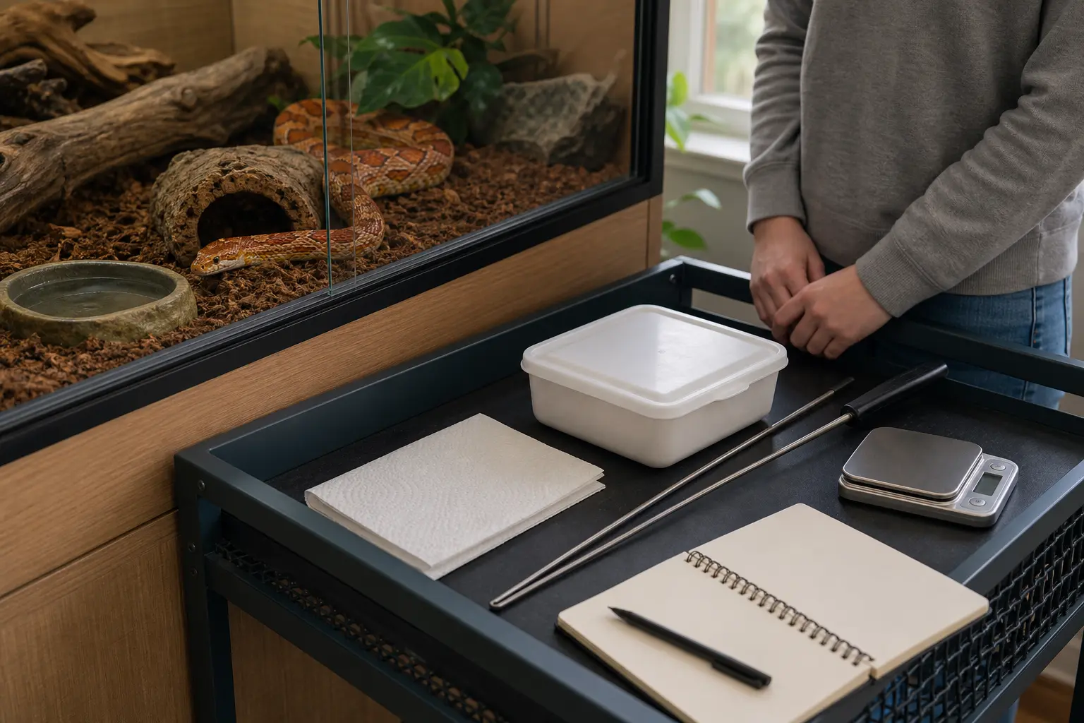 Corn snake inside a locked enclosure beside a sealed opaque prey container, feeding tongs, scale, and care notes.