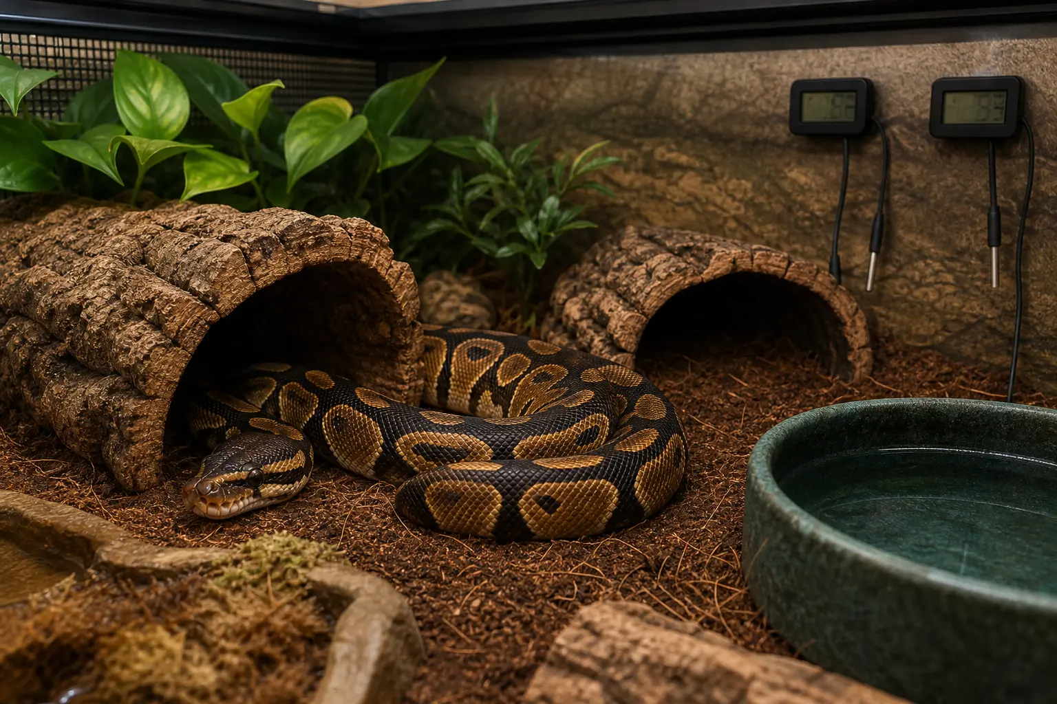 Ball python resting beside snug hides, water, cross ventilation, and temperature and humidity probes.