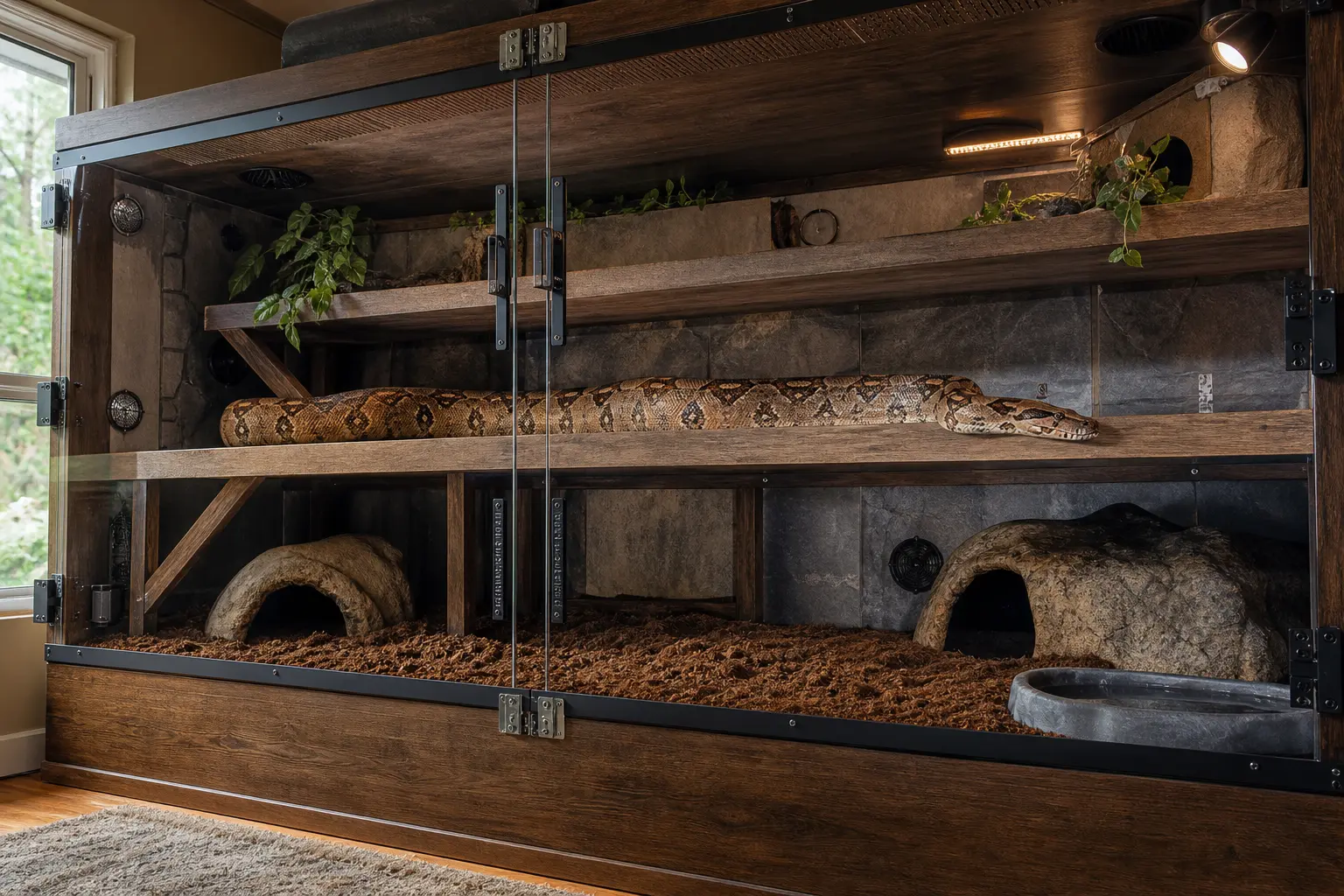 Adult boa constrictor fully supported on a broad shelf in a large, double-latched enclosure.