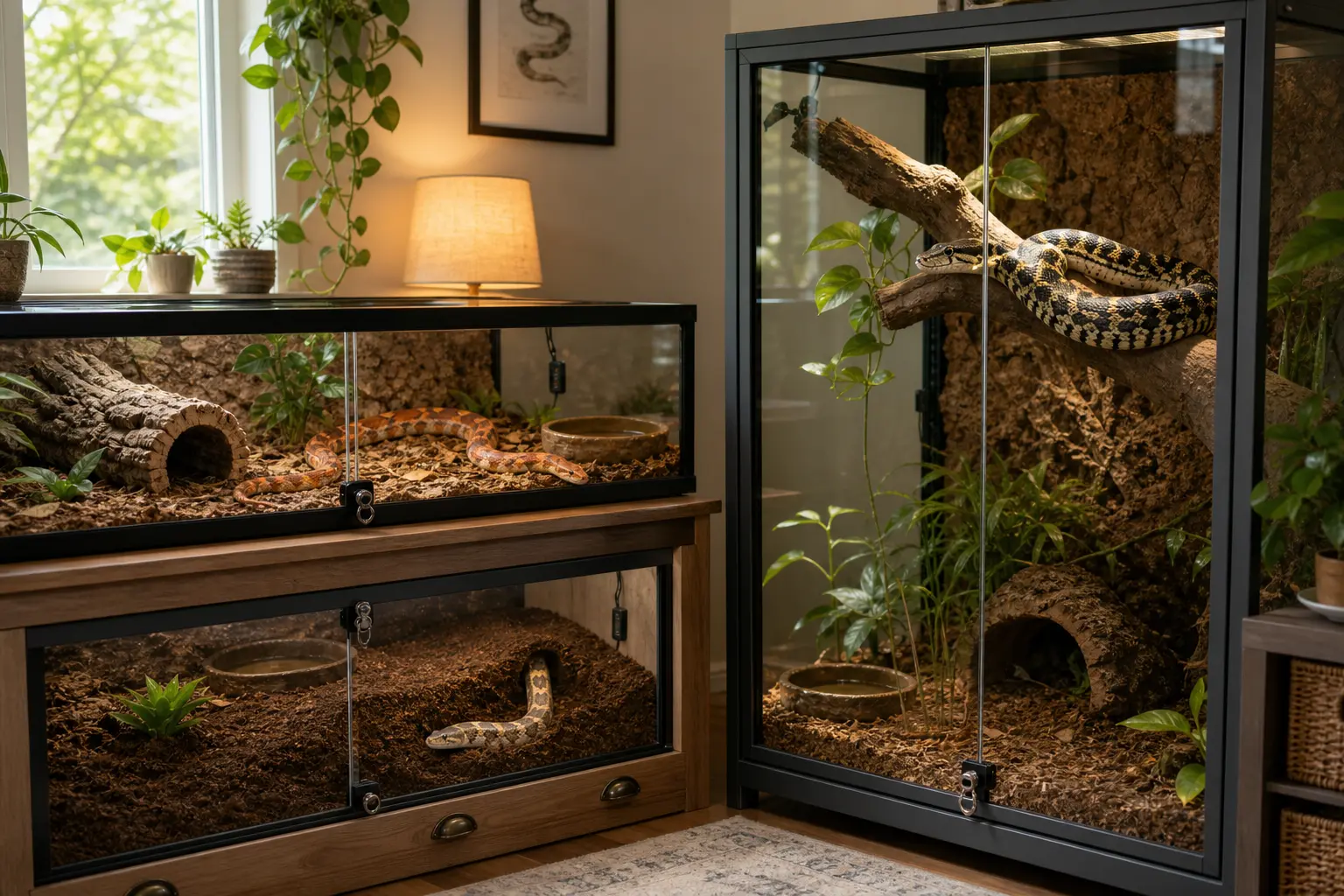 Corn snake, Kenyan sand boa, and carpet python in three separate, locked snake habitats.