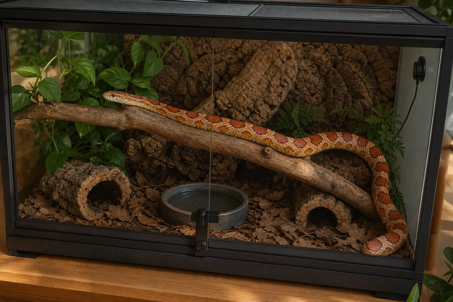 Corn snake moving across anchored cork in a secure enclosure with hides, water, and a temperature probe.