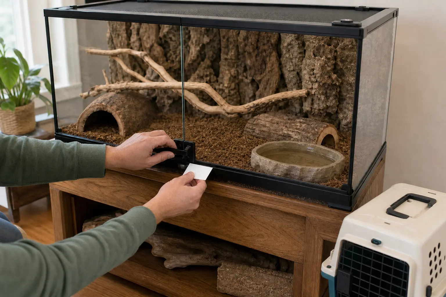 Keeper testing snake enclosure latches and door gaps before the animal arrives.