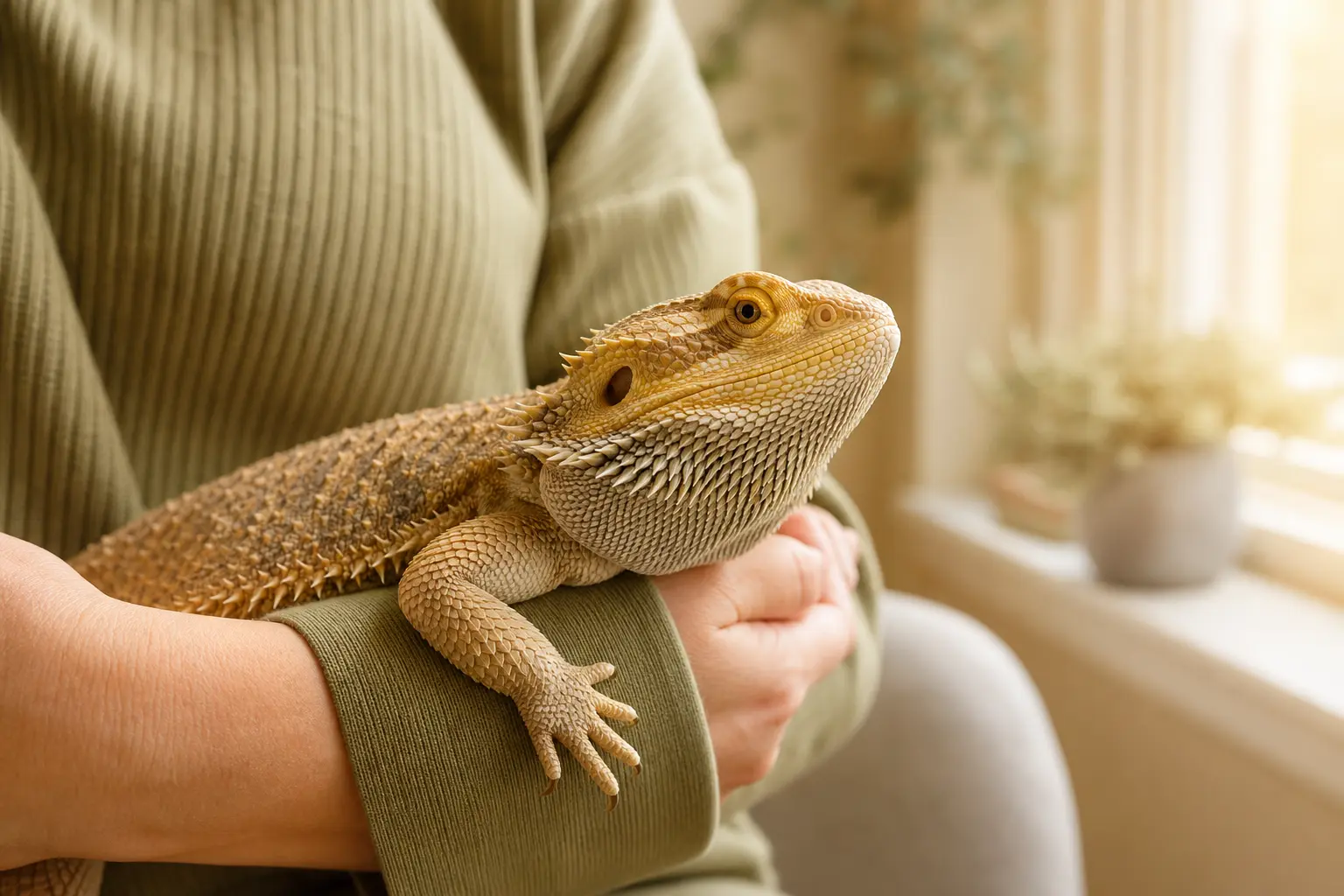 Bearded dragon resting calmly across a keeper's gently supporting arms in warm window light.