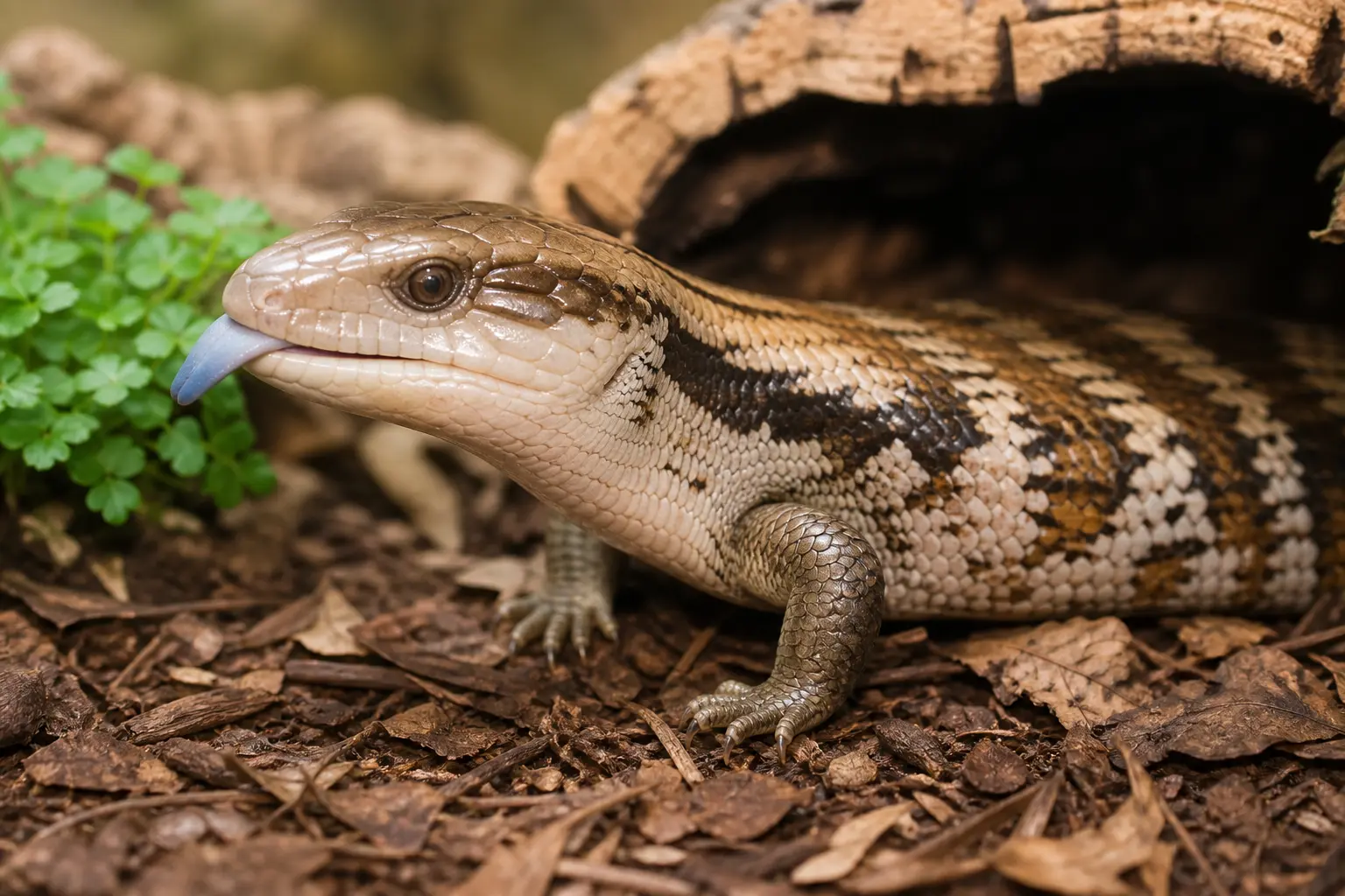 Blue-tongued skink looking toward the camera while exploring leaf litter beside a cork shelter.