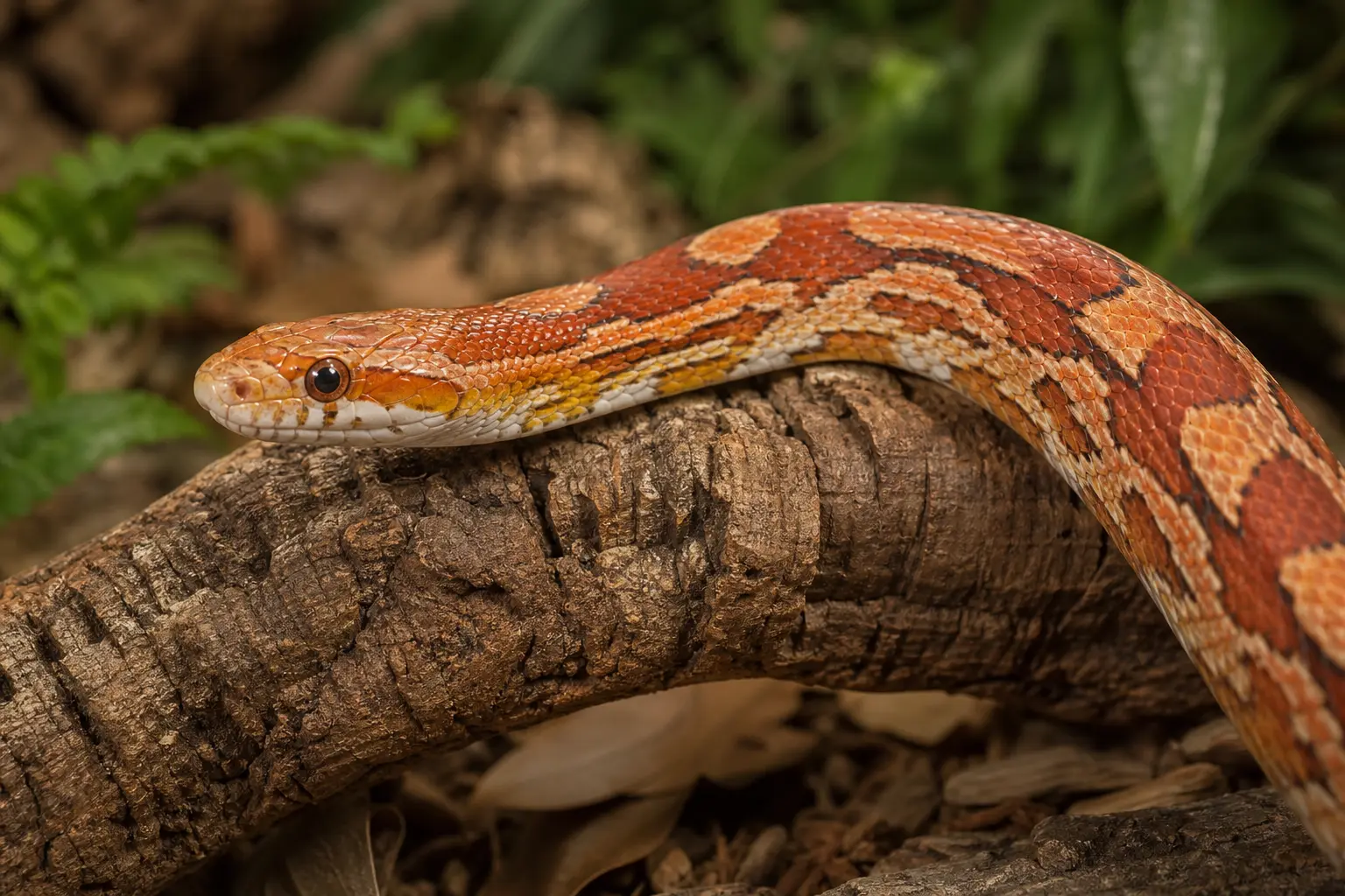 Corn snake moving calmly over cork with its face, clear eye, and patterned body in close view.