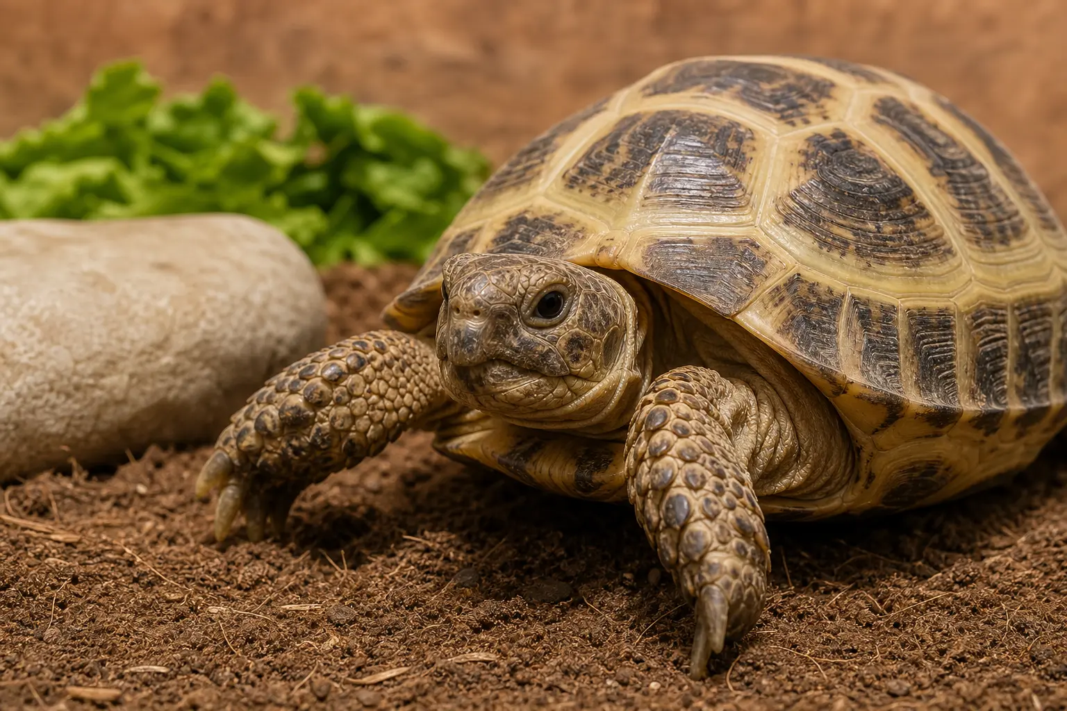 Russian tortoise walking toward the camera with its face, forelegs, and patterned shell in close view.