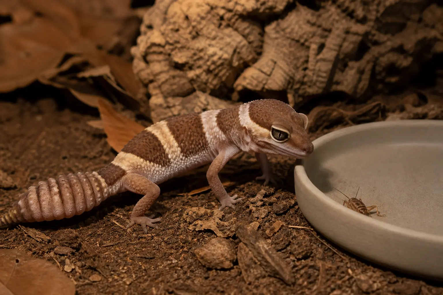 Adult African fat-tailed gecko beside a shallow ceramic feeding dish with one appropriately sized feeder insect in a calm ground-level enclosure.