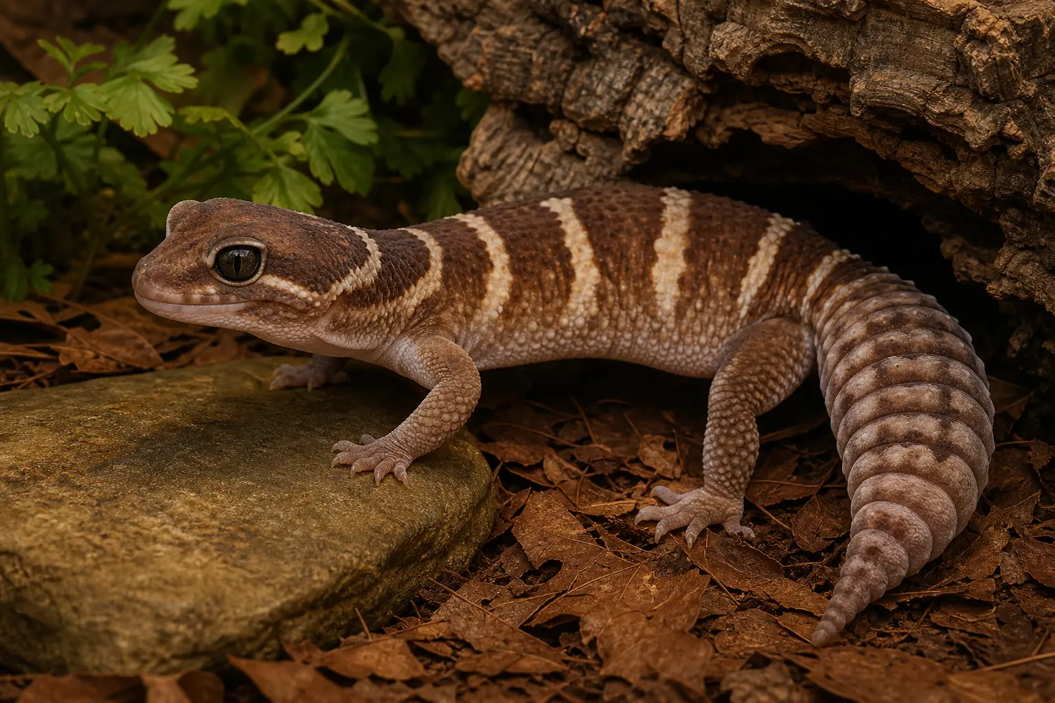 Adult African fat-tailed gecko emerging from a low cork hide across leaf litter, with its full body, clear eye, and thick segmented tail visible.