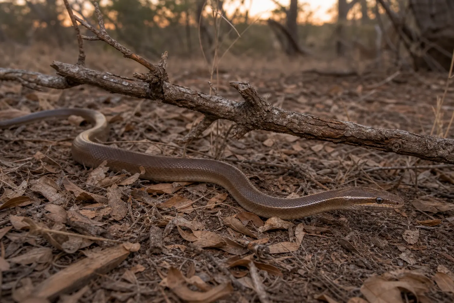 Adult African house snake moving through dry savanna litter with its complete glossy brown body, fine pale facial lines, and alert head in clear view.
