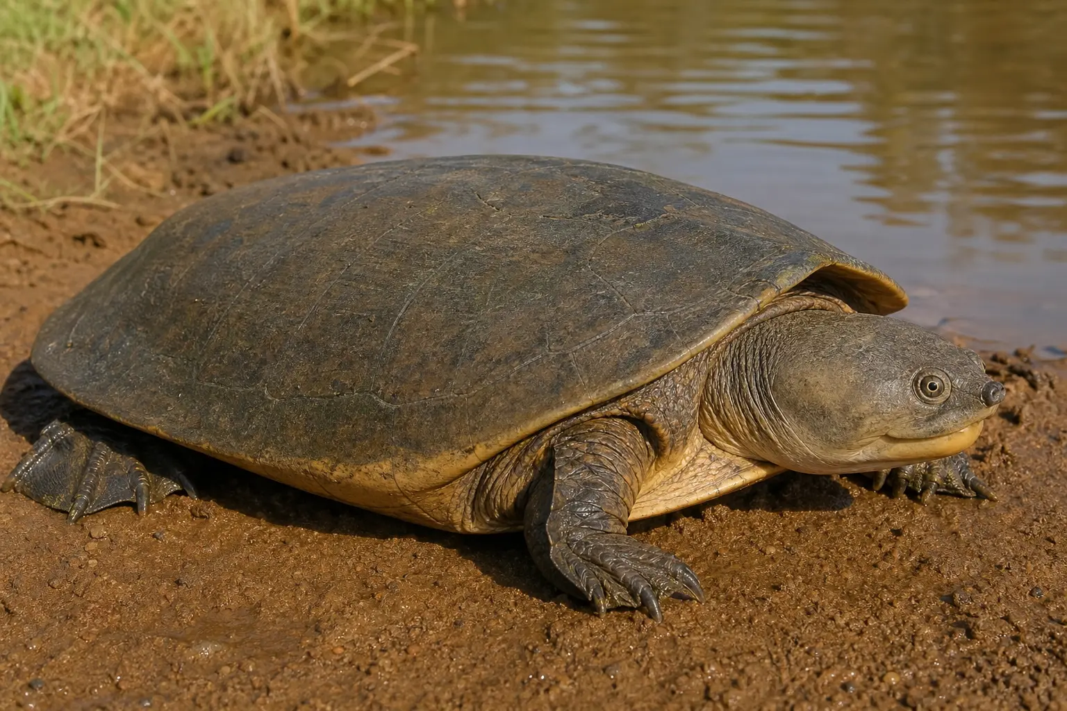 Adult African helmeted sideneck turtle at a savanna pool with its complete broad olive-brown shell, large plain head, partly folded neck, and webbed feet in view.