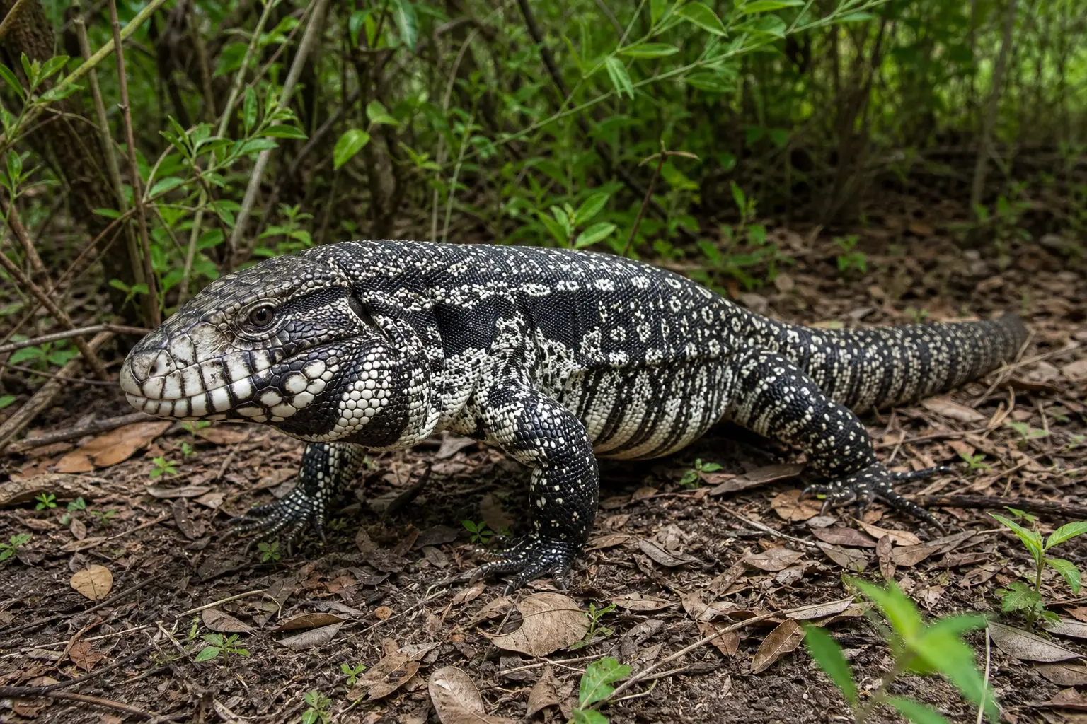 Adult Argentine black and white tegu foraging in woodland litter with its complete powerful patterned body, broad jowled head, muscular limbs, and long thick tail in view.