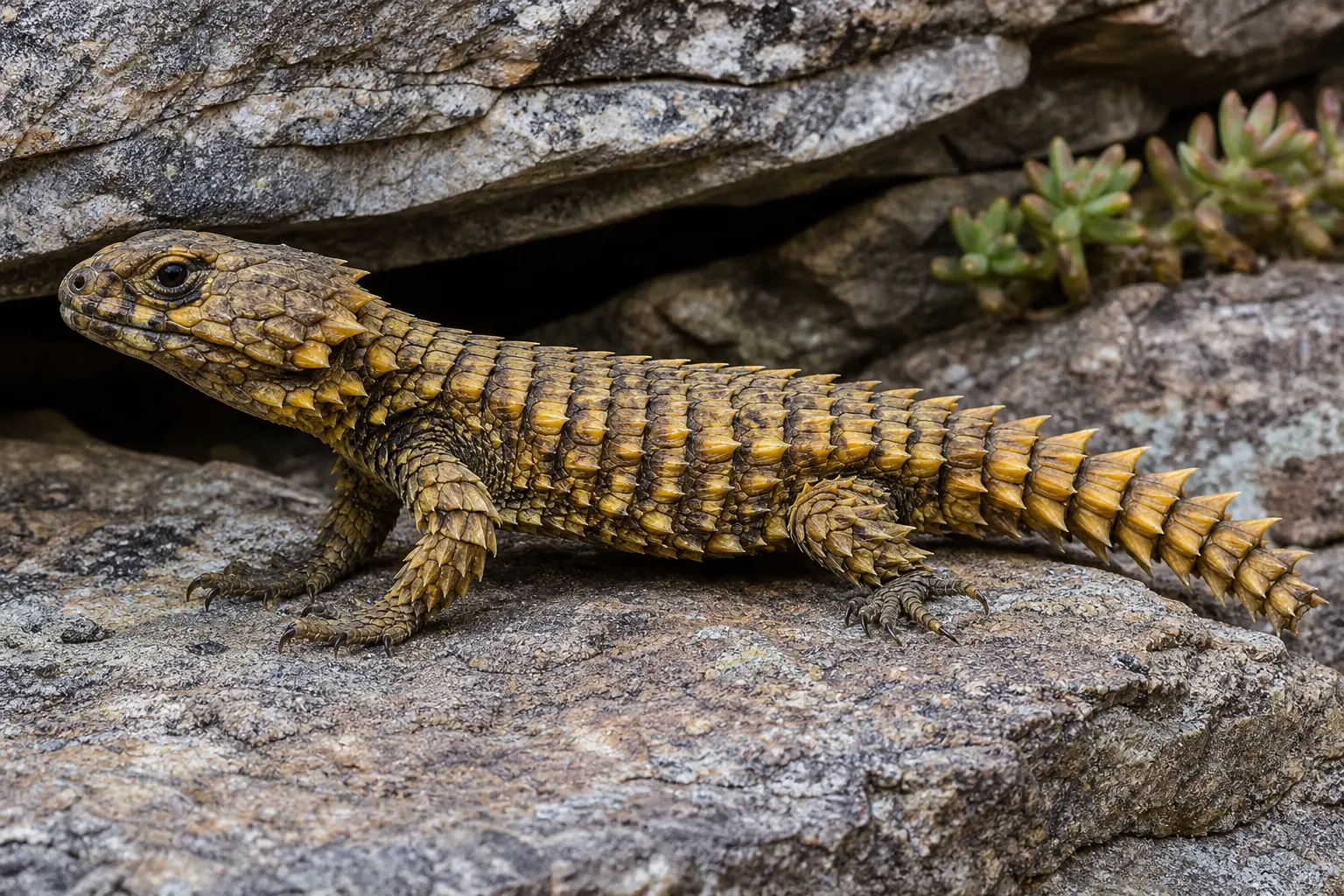 Adult armadillo girdled lizard on a South African rocky ledge with its complete golden-brown armored body, rows of sharp scales, sturdy limbs, and spiny tail in view.