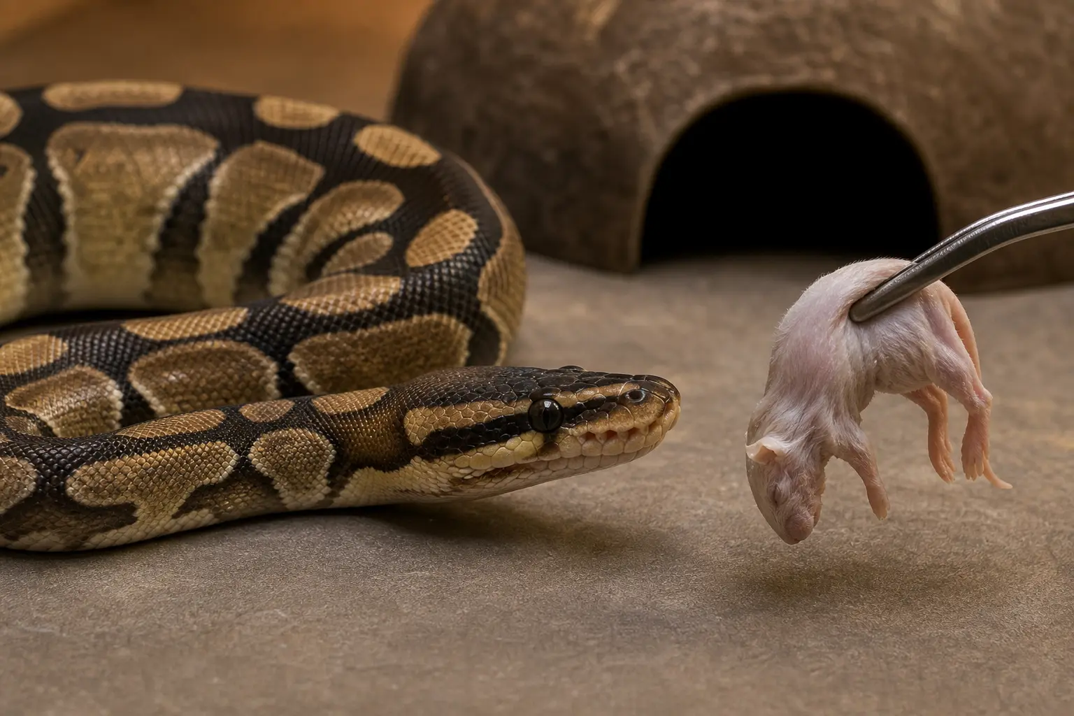 Adult ball python calmly watching an appropriately sized thawed feeder rodent held safely at a distance with stainless feeding tongs.