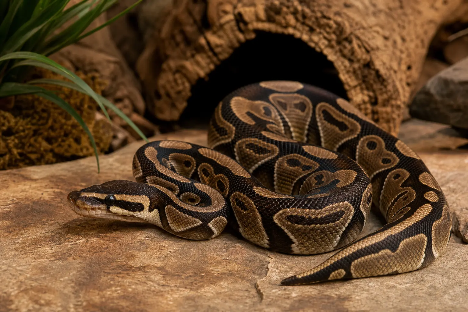 Adult ball python resting alertly on warm stone beside a cork hide, with its patterned body and clear dark eye in view.