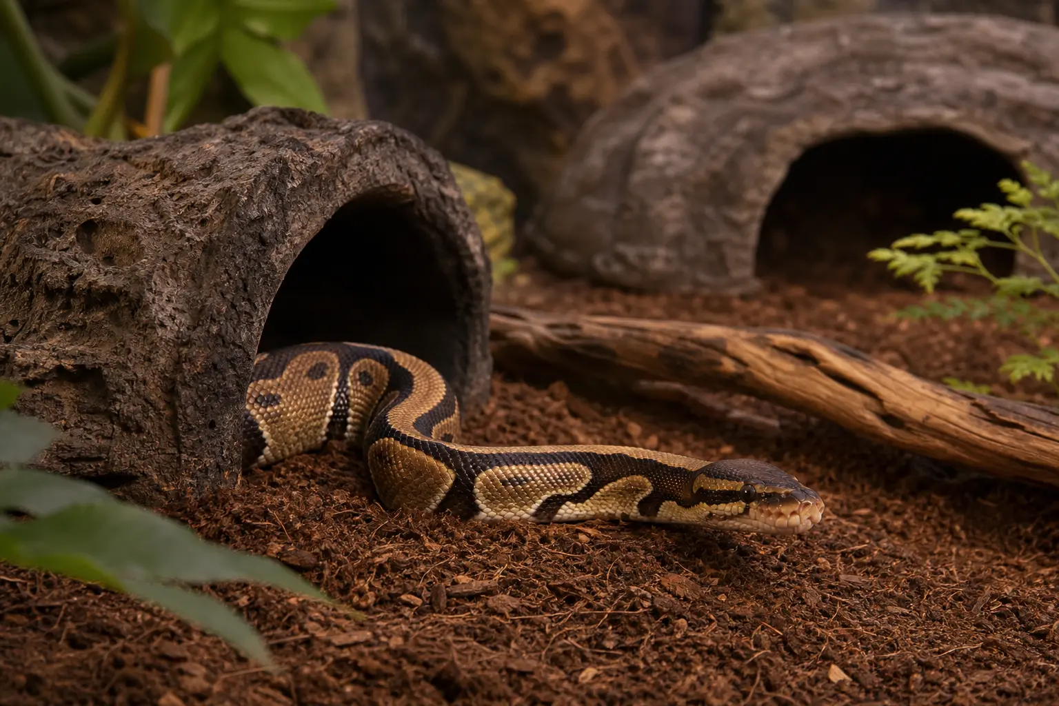 Adult ball python emerging calmly from a snug cork hide in a furnished ground-level enclosure with a second retreat behind it.