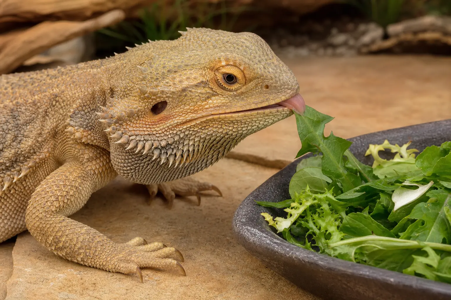 Adult central bearded dragon choosing a fresh dandelion leaf from a shallow dish of varied greens.
